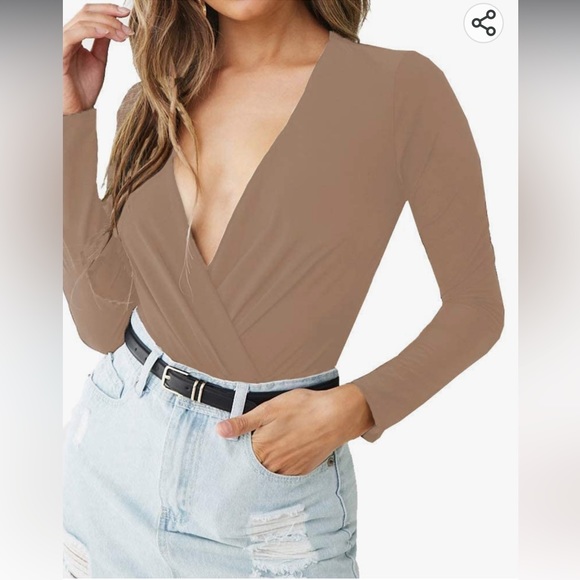 Forever 21 Tops - Forever 21 bodysuit Large long sleeve bodysuit very deep v-neck wrap tan beige